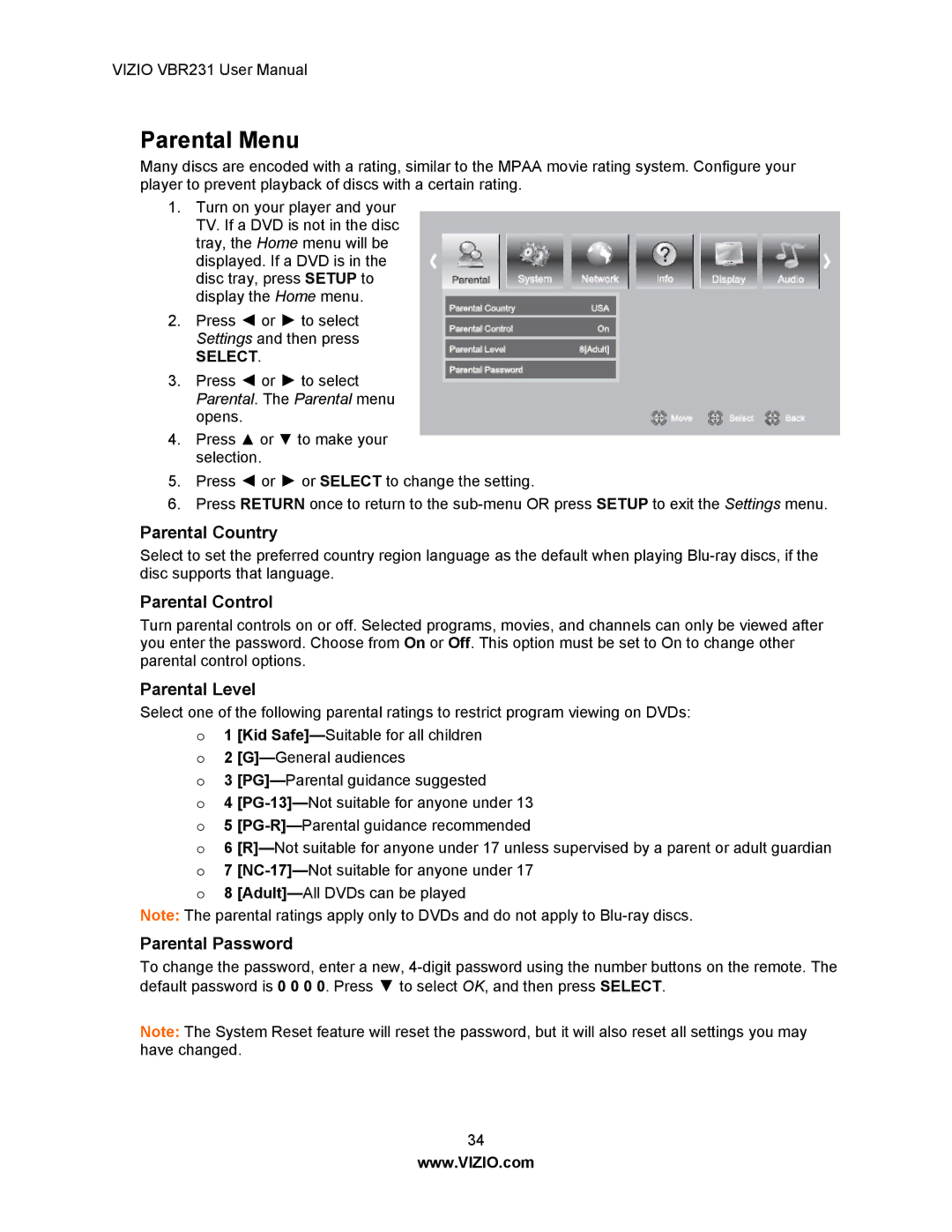 Vizio VBR231 user manual Parental Menu, Parental Country, Parental Control, Parental Level, Parental Password 