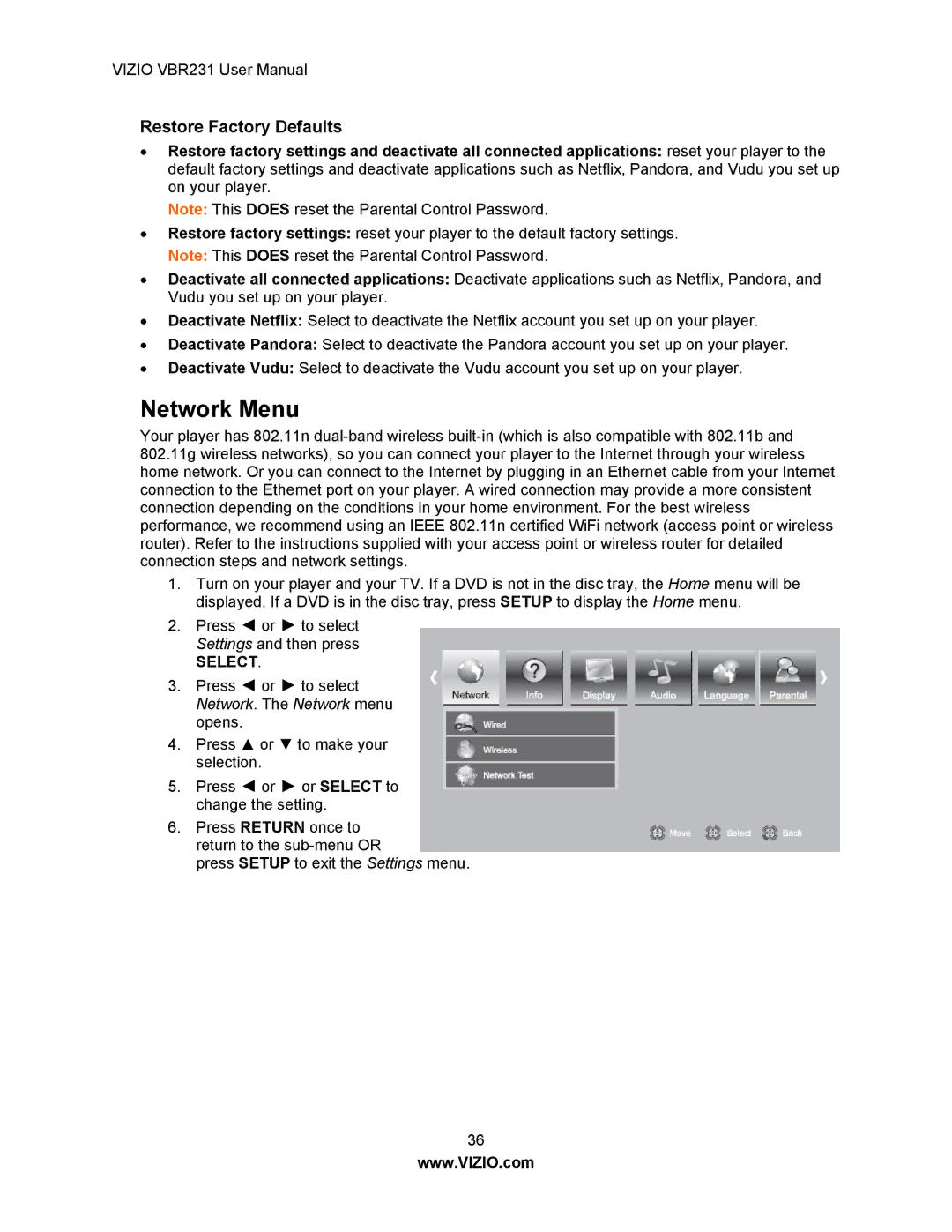 Vizio VBR231 user manual Network Menu, Restore Factory Defaults 