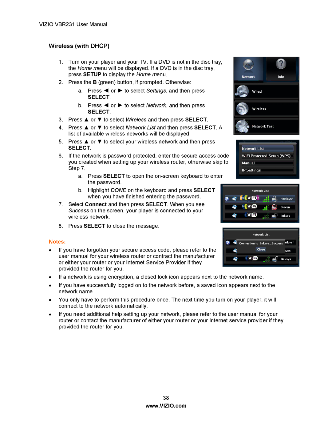 Vizio VBR231 user manual Wireless with Dhcp 