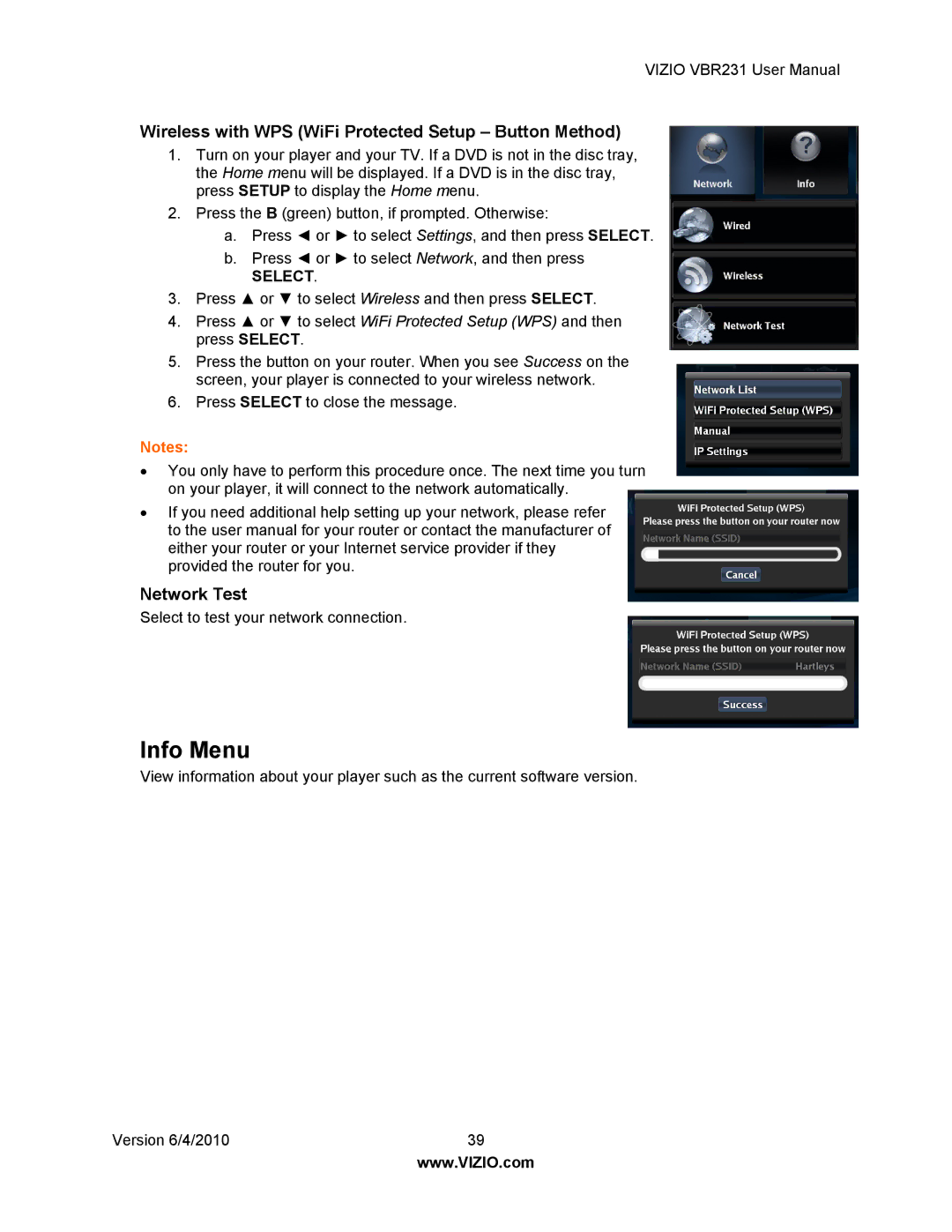 Vizio VBR231 user manual Info Menu, Wireless with WPS WiFi Protected Setup Button Method, Network Test 