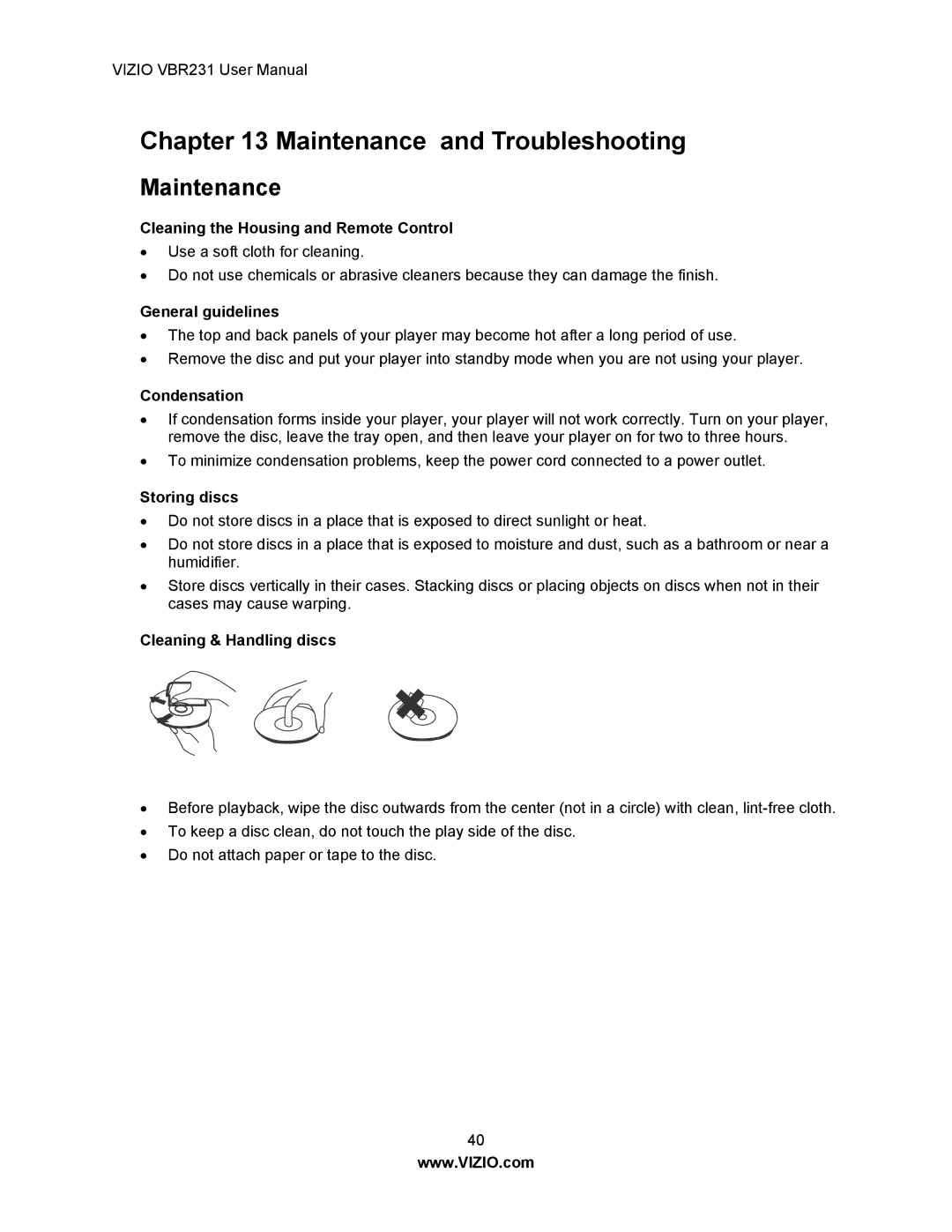 Vizio VBR231 user manual Maintenance and Troubleshooting 