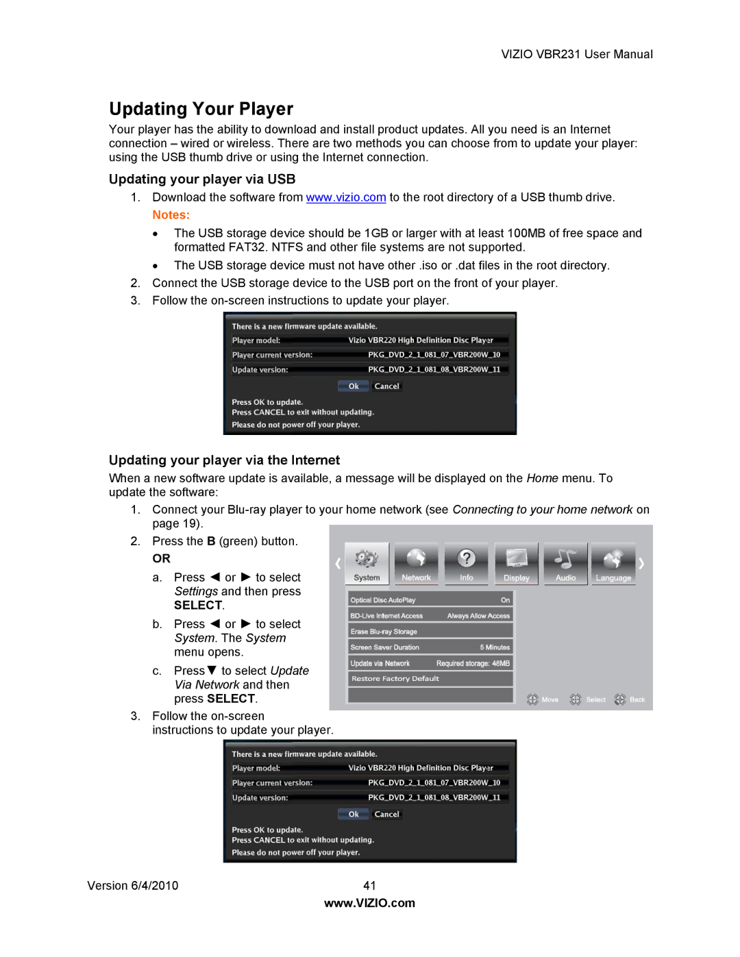 Vizio VBR231 user manual Updating Your Player, Updating your player via USB, Updating your player via the Internet 