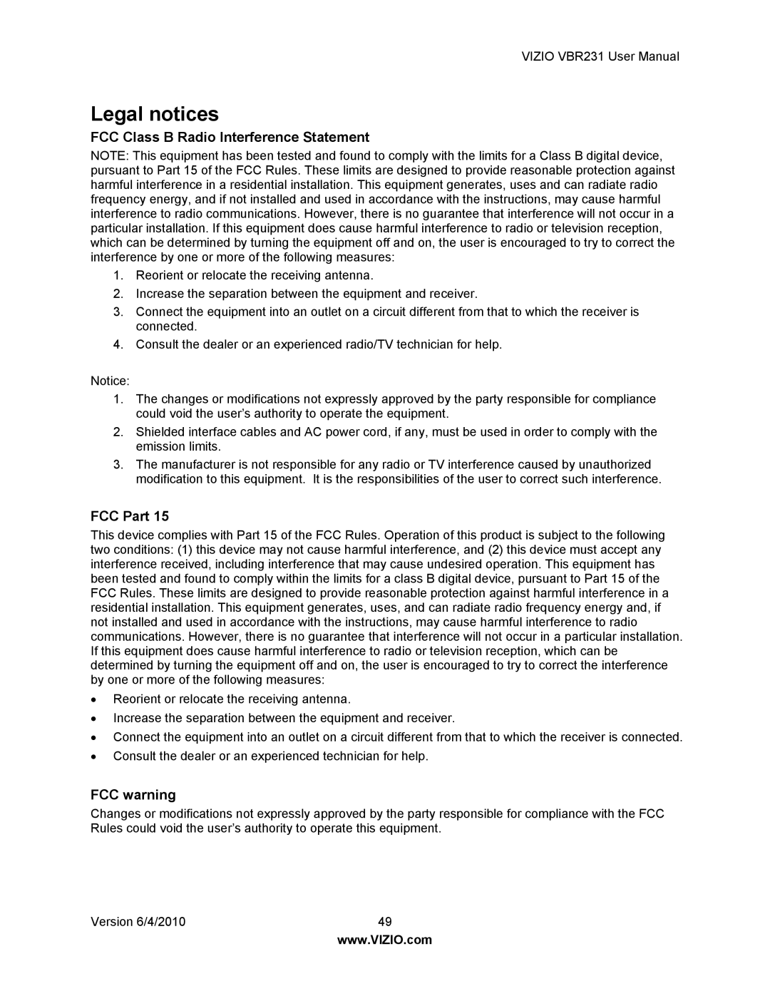 Vizio VBR231 user manual Legal notices, FCC Class B Radio Interference Statement, FCC Part, FCC warning 