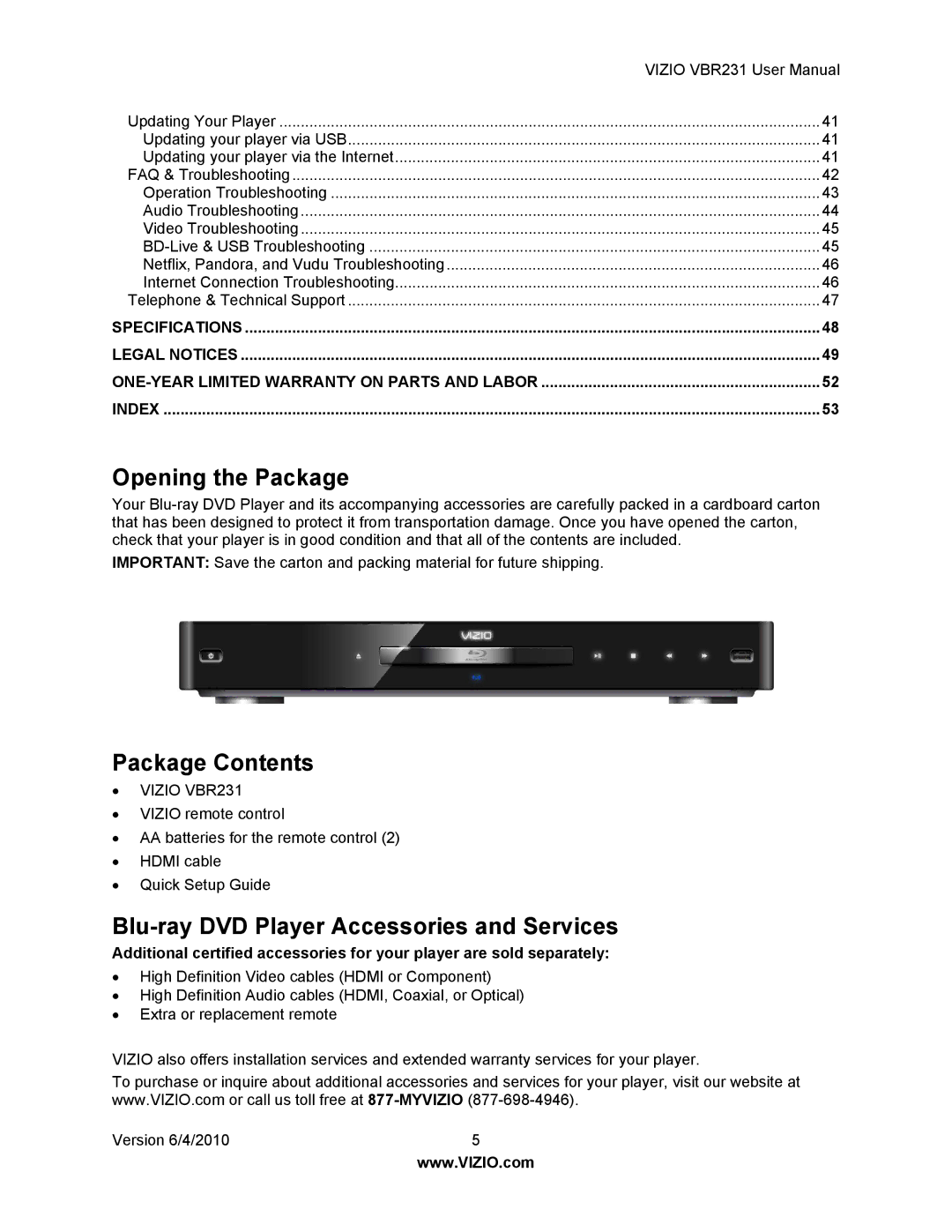 Vizio VBR231 user manual Opening the Package, Package Contents, Blu-ray DVD Player Accessories and Services 