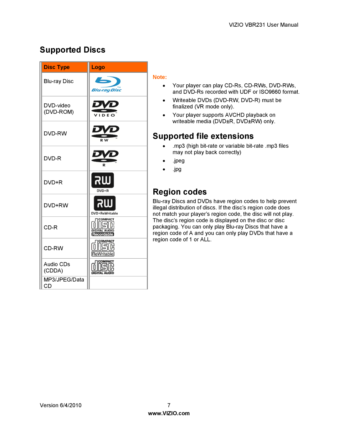 Vizio VBR231 user manual Supported Discs, Supported file extensions, Region codes 