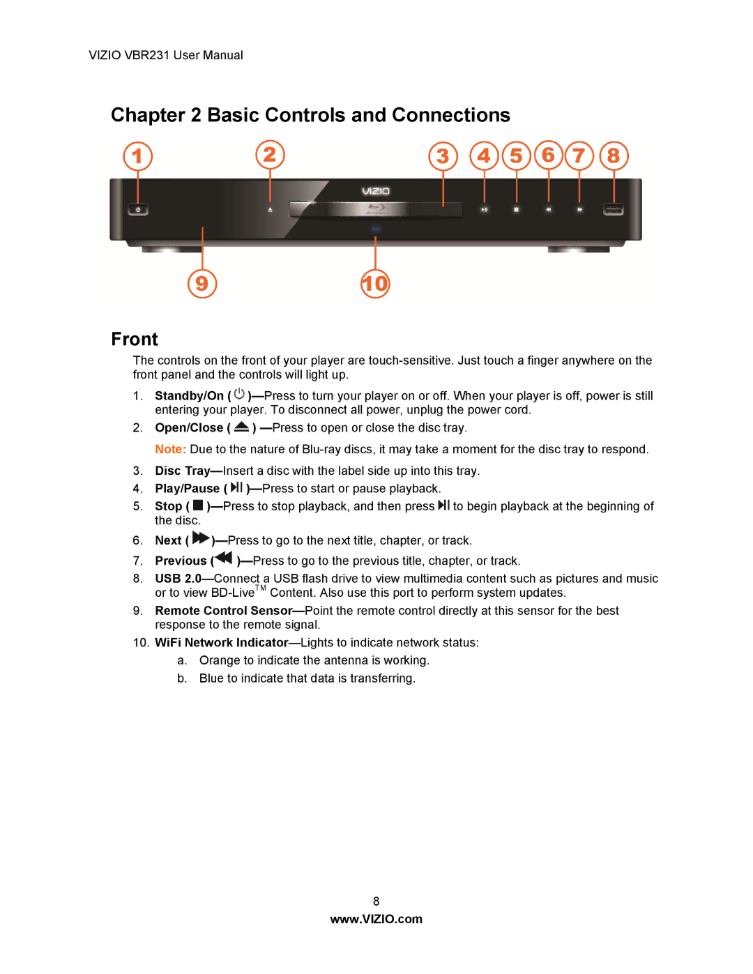 Vizio VBR231 user manual Basic Controls and Connections, Front 