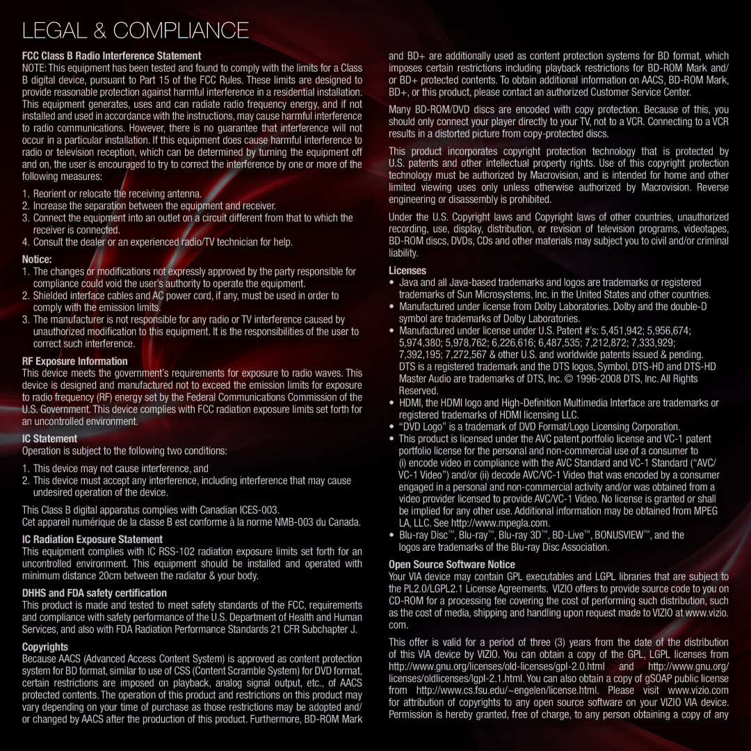 Vizio VBR333 quick start Legal & Compliance, RF Exposure Information 