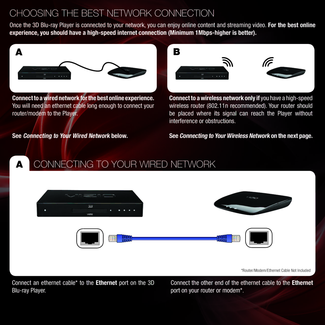 Vizio VBR333 quick start Choosing the Best Network Connection, Connecting to Your Wired Network 