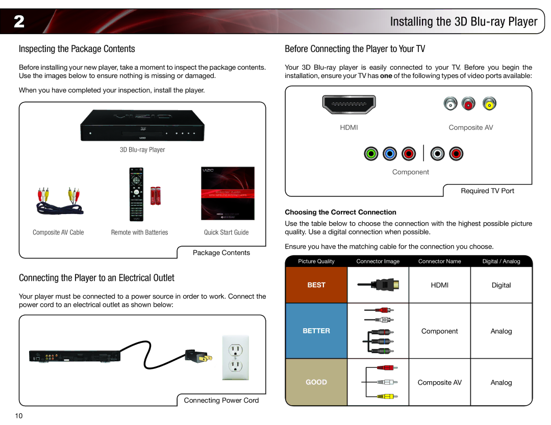 Vizio VBR333 user manual Inspecting the Package Contents, Before Connecting the Player to Your TV 