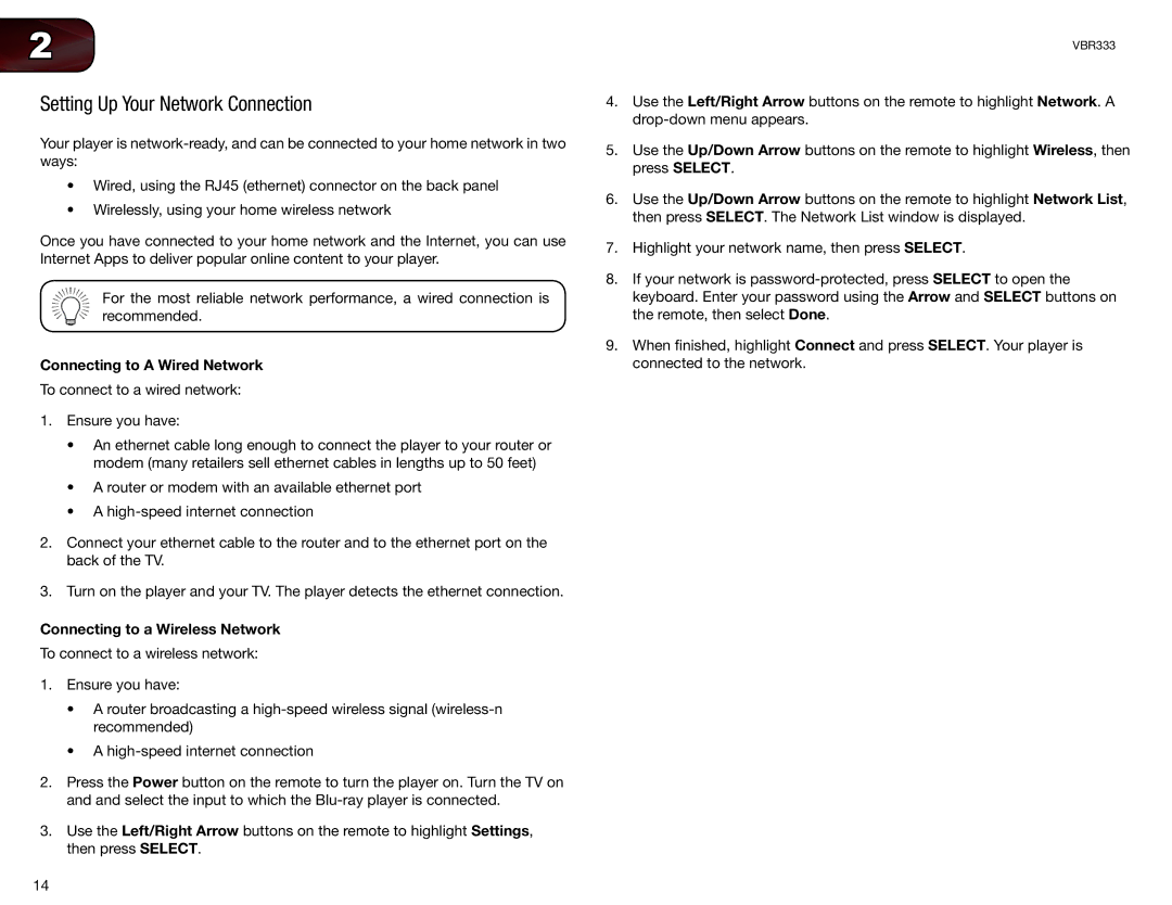 Vizio VBR333 Setting Up Your Network Connection, Connecting to a Wired Network, Connecting to a Wireless Network 