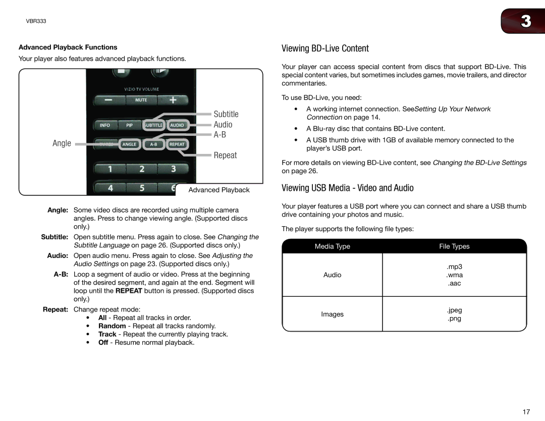 Vizio VBR333 user manual Viewing BD-Live Content, Viewing USB Media Video and Audio, Advanced Playback Functions 