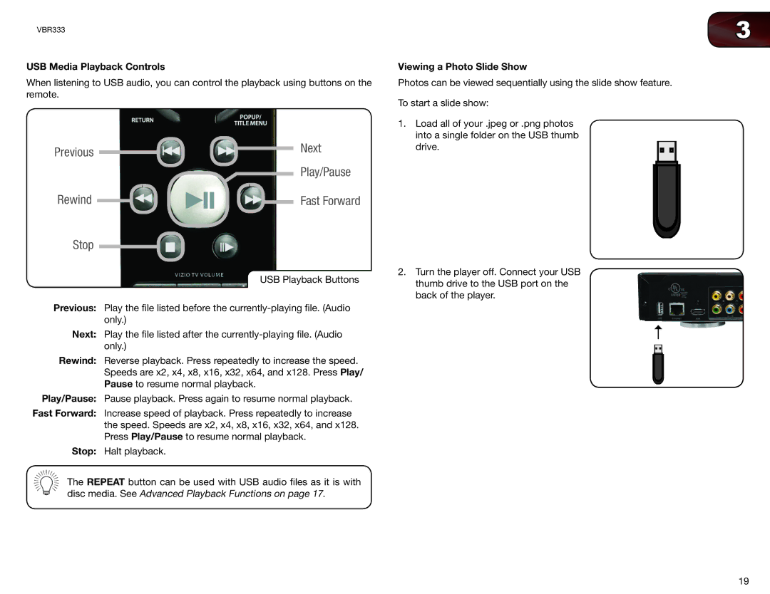 Vizio VBR333 user manual USB Media Playback Controls, Viewing a Photo Slide Show 