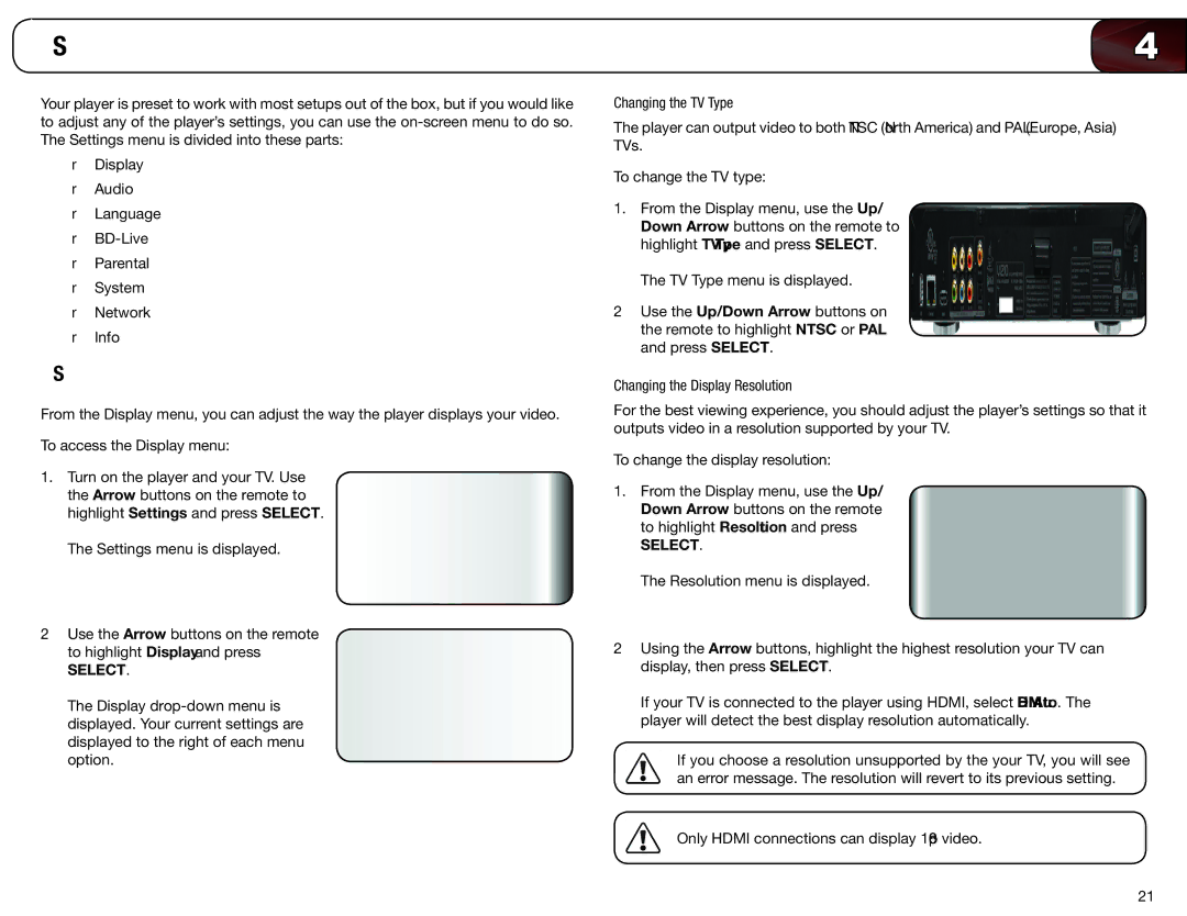 Vizio VBR333 user manual Adjusting the Players Settings, Adjusting the Display Settings, Changing the TV Type 