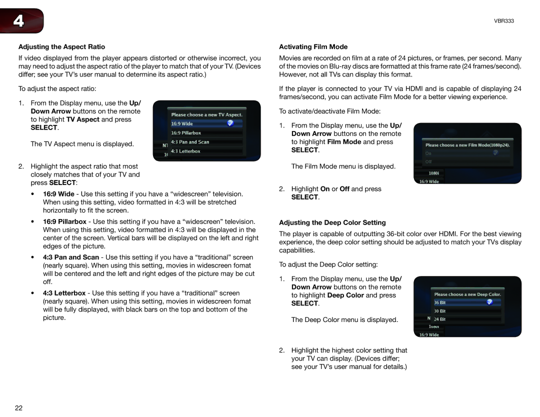 Vizio VBR333 user manual Adjusting the Aspect Ratio, Activating Film Mode, Adjusting the Deep Color Setting 