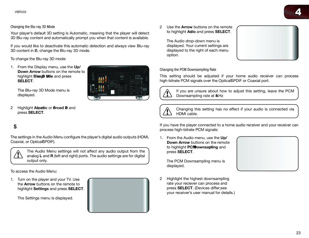 Vizio VBR333 Adjusting the Audio Settings, Changing the Blu-ray 3D Mode, Highlight Automatic or Forced 2D and press Select 