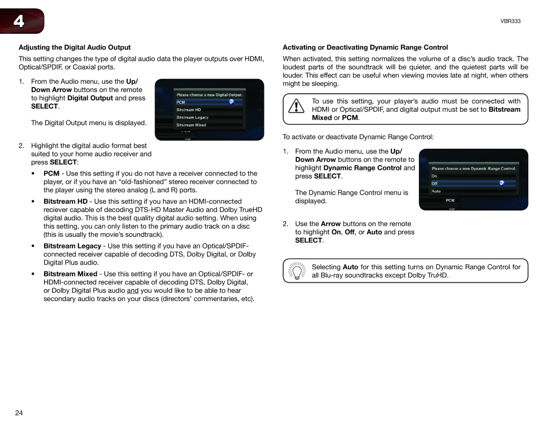 Vizio VBR333 user manual Adjusting the Digital Audio Output, Activating or Deactivating Dynamic Range Control 