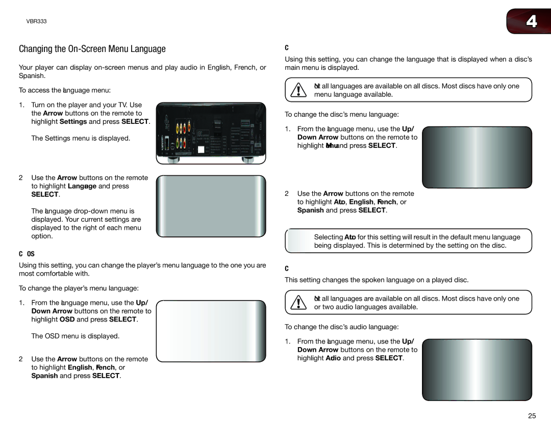 Vizio VBR333 user manual Changing the On-Screen Menu Language, Changing the Player’s On-Screen Menu Language 