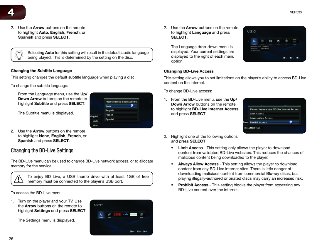 Vizio VBR333 user manual Changing the BD-Live Settings, Changing the Subtitle Language, Changing BD-Live Access 