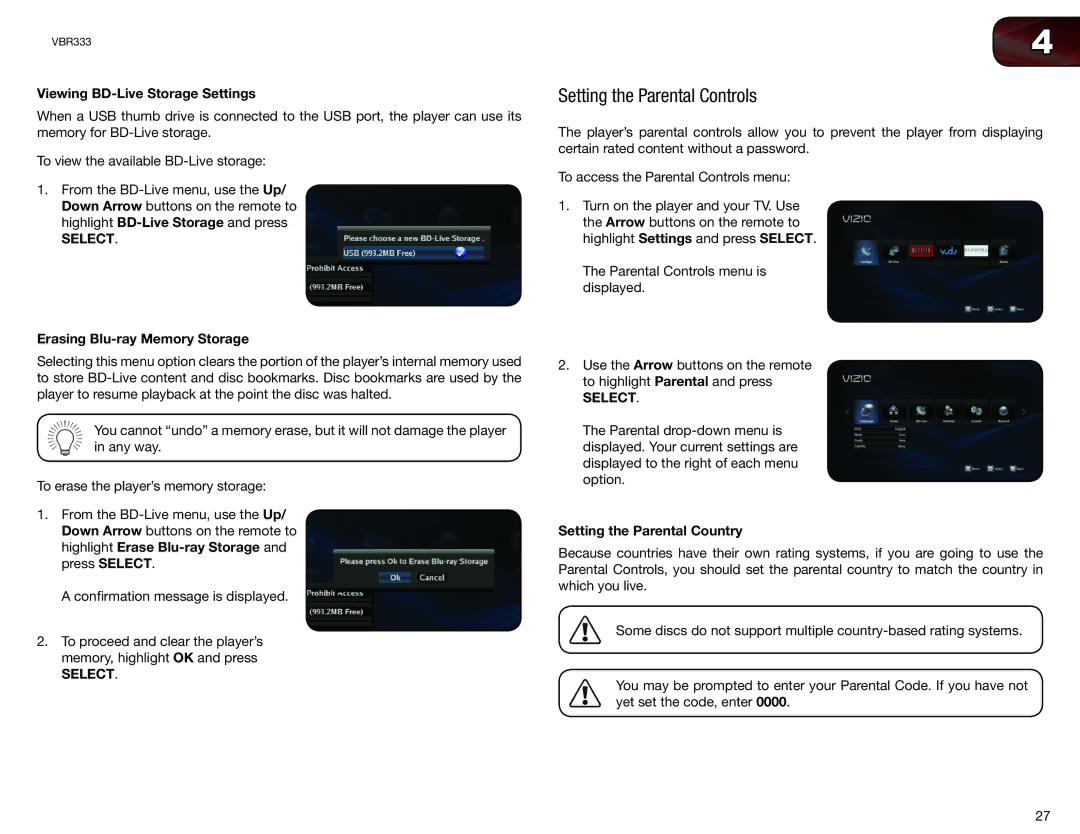 Vizio VBR333 user manual Setting the Parental Controls, Viewing BD-Live Storage Settings, Erasing Blu-ray Memory Storage 