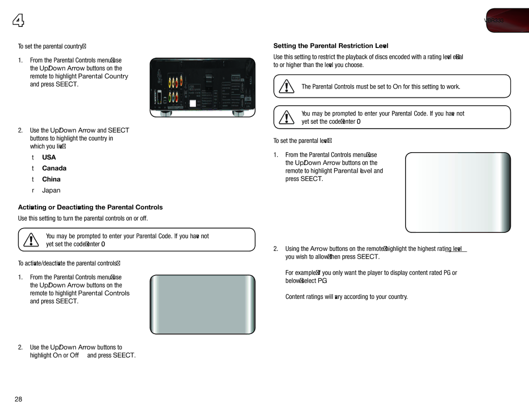 Vizio VBR333 Canada China, Activating or Deactivating the Parental Controls, Setting the Parental Restriction Level 