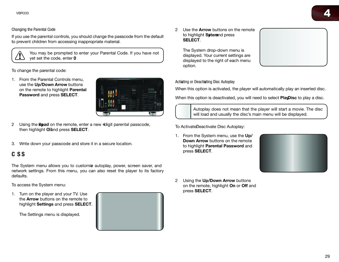 Vizio VBR333 user manual Changing the System Settings, Changing the Parental Code, Activating or Deactivating Disc Autoplay 