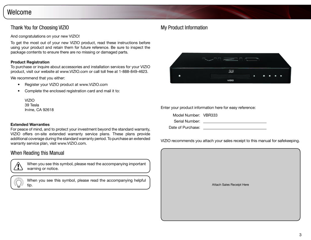 Vizio VBR333 user manual Welcome, Thank You for Choosing Vizio, When Reading this Manual, My Product Information 