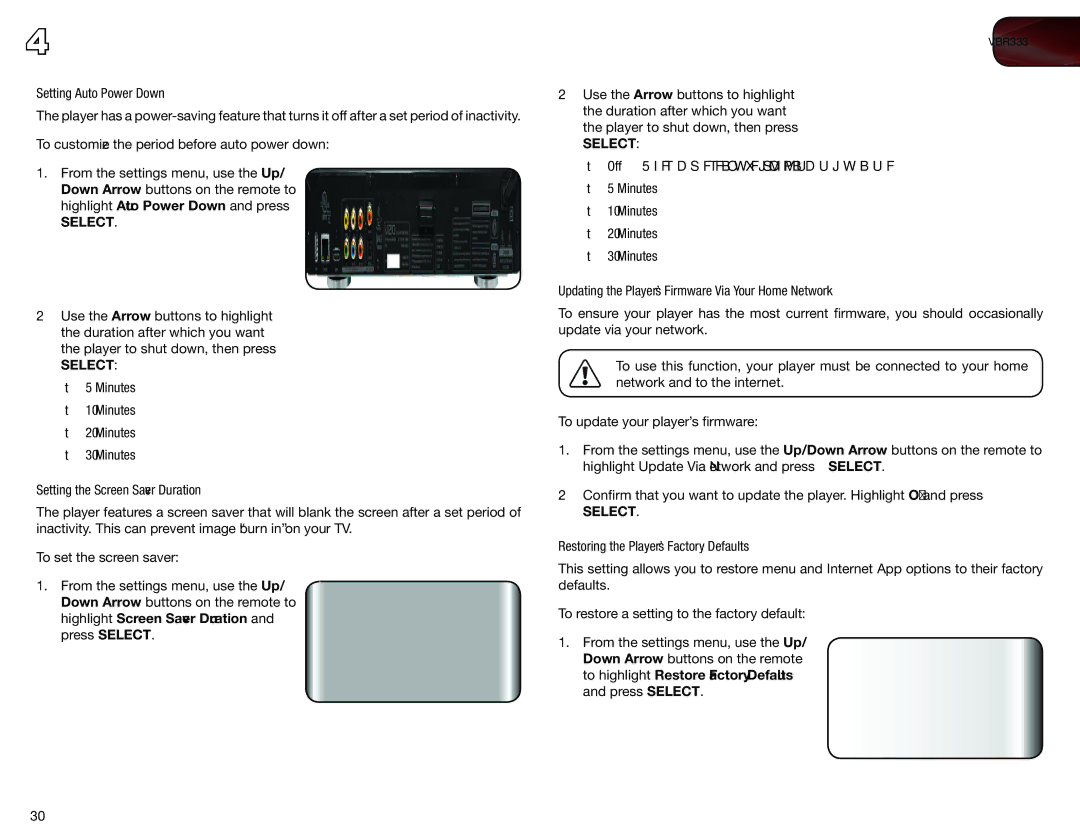 Vizio VBR333 Setting Auto Power Down, Minutes Setting the Screen Saver Duration, Restoring the Player’s Factory Defaults 