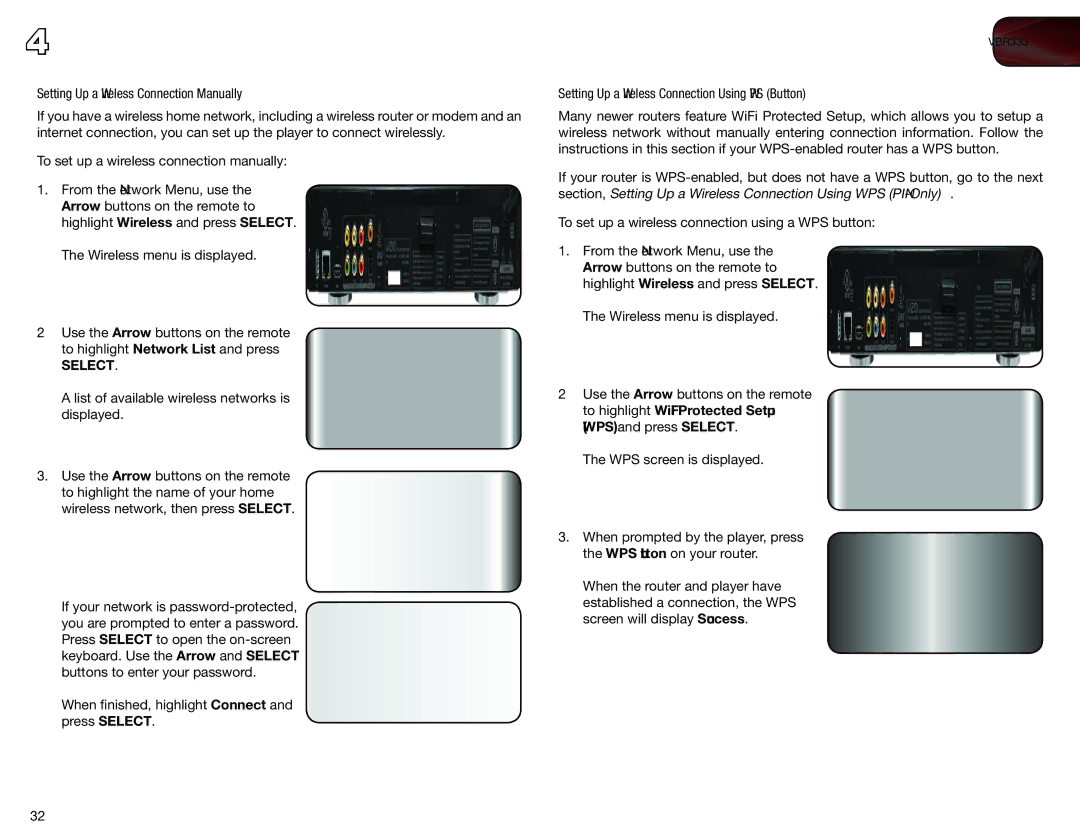 Vizio VBR333 user manual Setting Up a Wireless Connection Manually, Setting Up a Wireless Connection Using WPS Button 