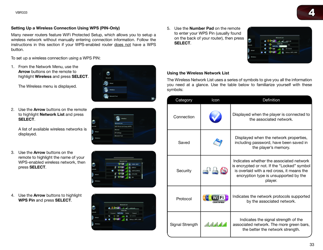 Vizio VBR333 user manual Setting Up a Wireless Connection Using WPS PIN-Only, Using the Wireless Network List 