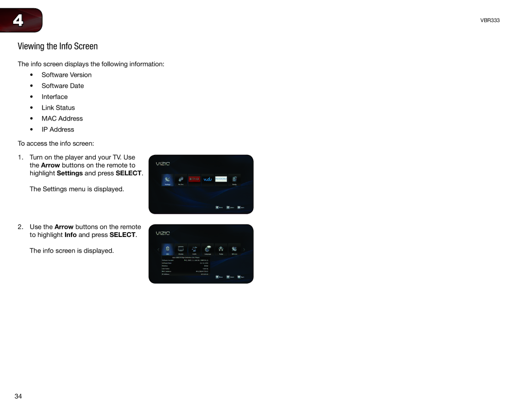 Vizio VBR333 user manual Viewing the Info Screen 