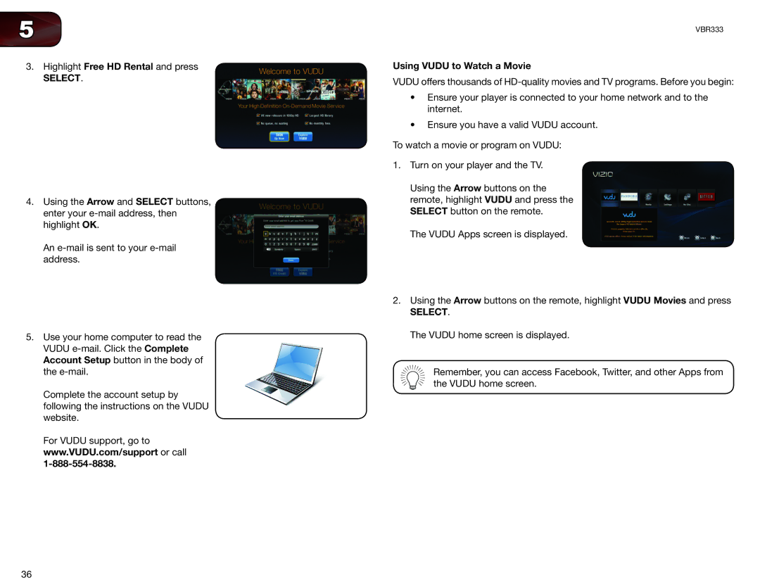 Vizio VBR333 user manual Using Vudu to Watch a Movie 