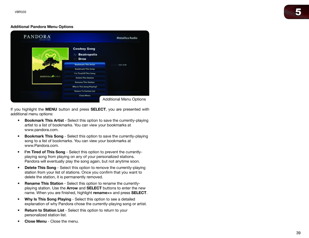 Vizio VBR333 user manual Additional Pandora Menu Options 