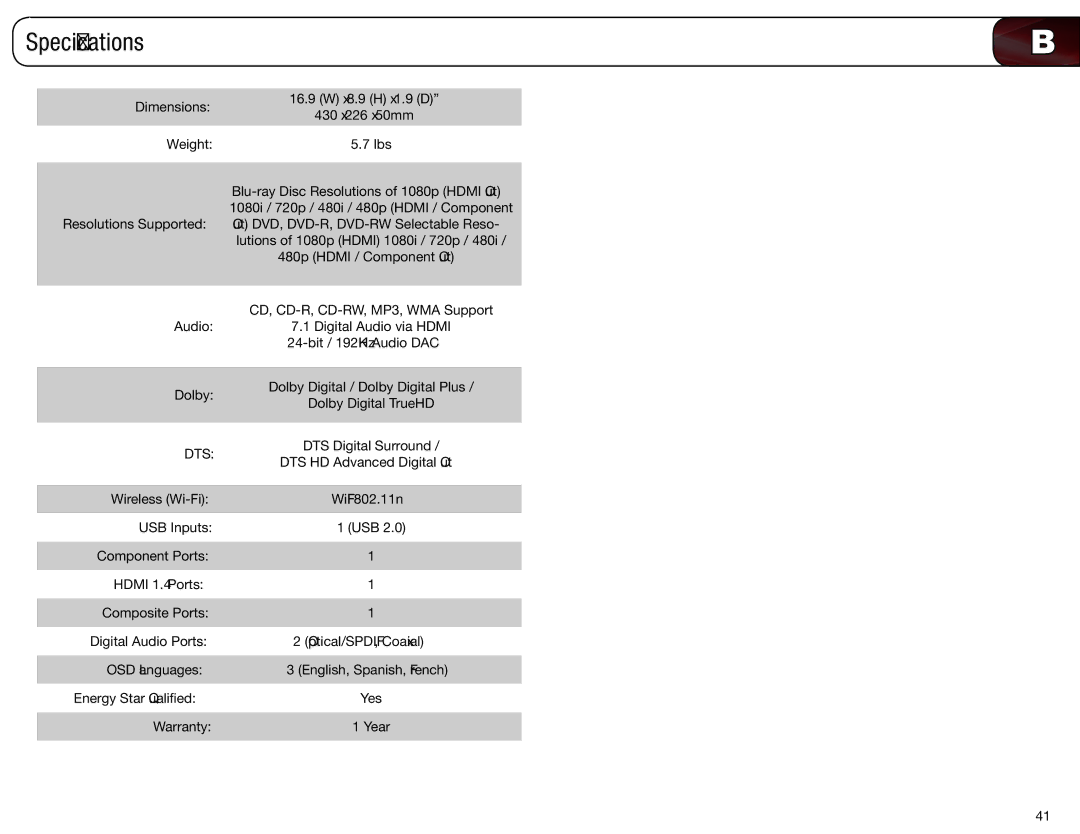 Vizio VBR333 user manual Specifications, Dimensions Weight Resolutions Supported Audio Dolby 