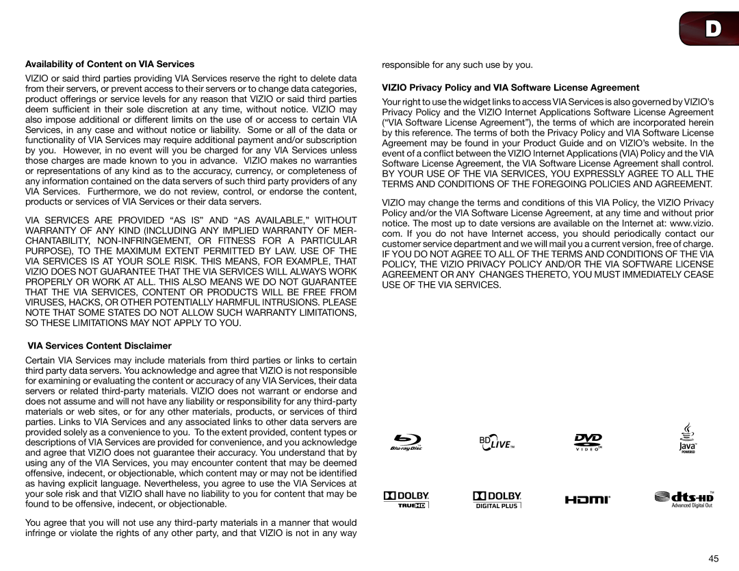 Vizio VBR333 user manual Availability of Content on VIA Services, VIA Services Content Disclaimer 