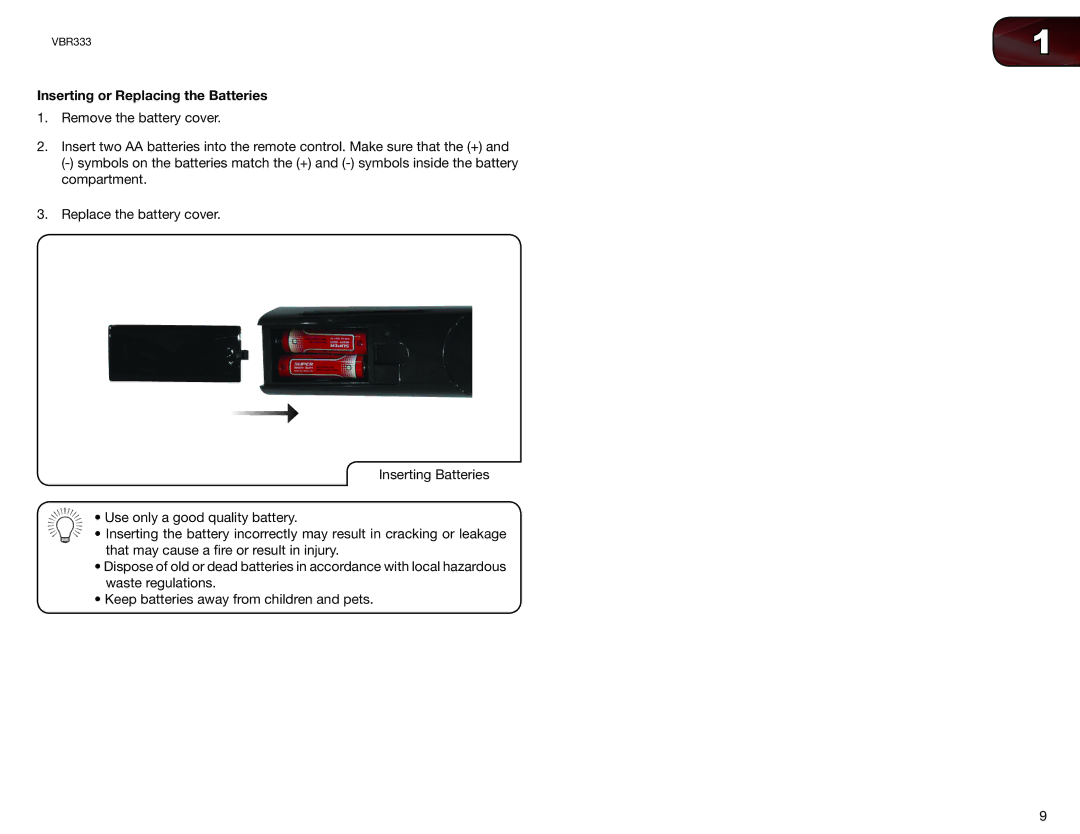 Vizio VBR333 user manual Inserting or Replacing the Batteries 