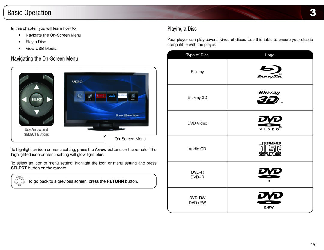 Vizio VBR333 user manual Basic Operation, Navigating the On-Screen Menu, Playing a Disc, Type of Disc, Logo 