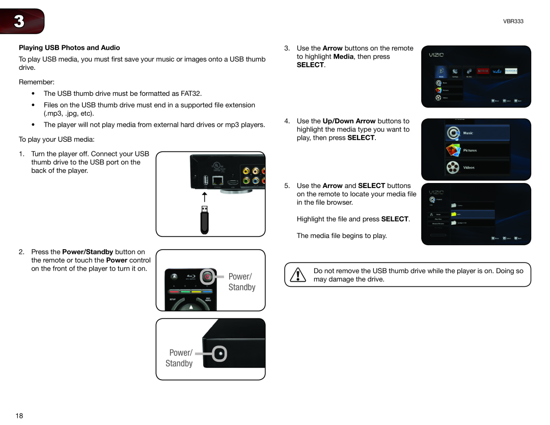 Vizio VBR333 user manual Power Standby Power Standby, Playing USB Photos and Audio, Select 
