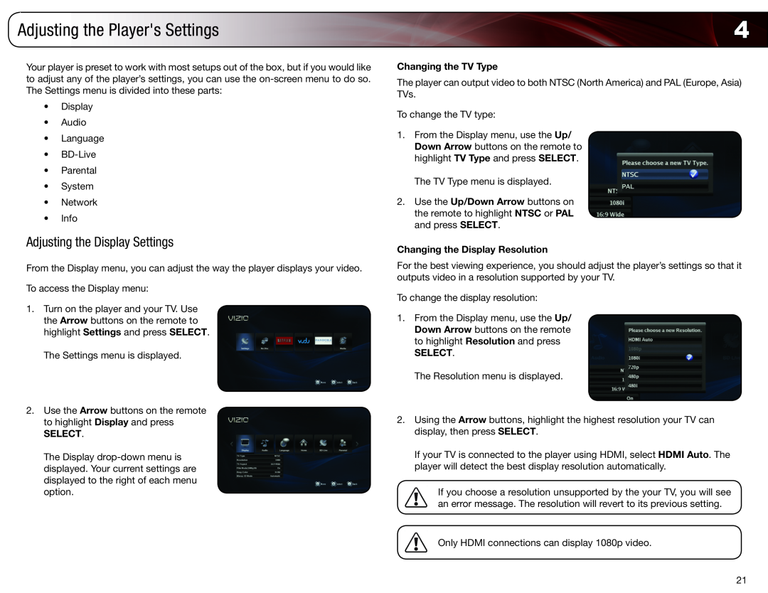 Vizio VBR333 user manual Adjusting the Players Settings, Adjusting the Display Settings, Changing the TV Type, Select 