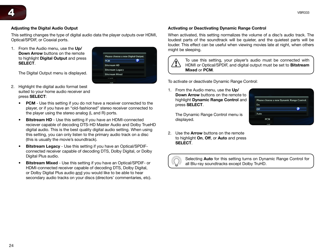 Vizio VBR333 user manual Adjusting the Digital Audio Output, Activating or Deactivating Dynamic Range Control, Select 