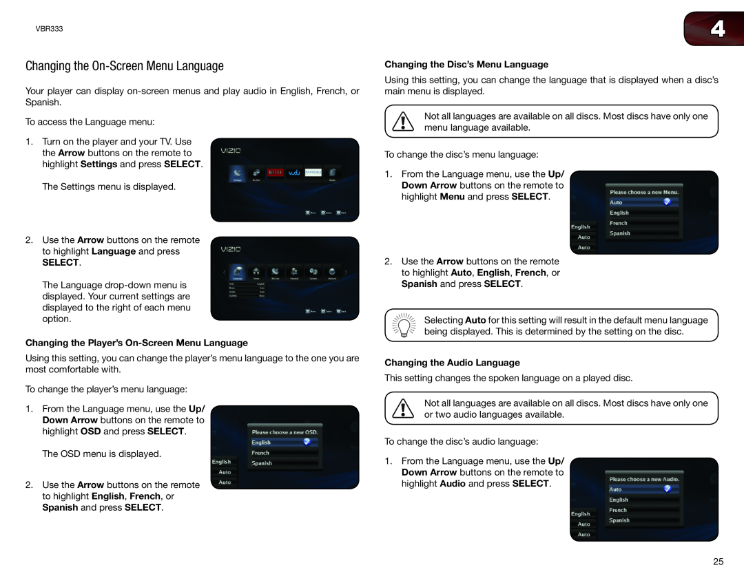 Vizio VBR333 user manual Changing the On-Screen Menu Language, Changing the Player’s On-Screen Menu Language, Select 
