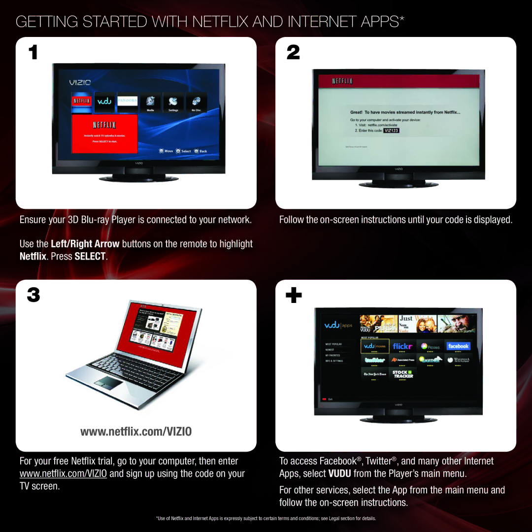 Vizio VBR334 quick start Getting Started with Netflix and Internet Apps 