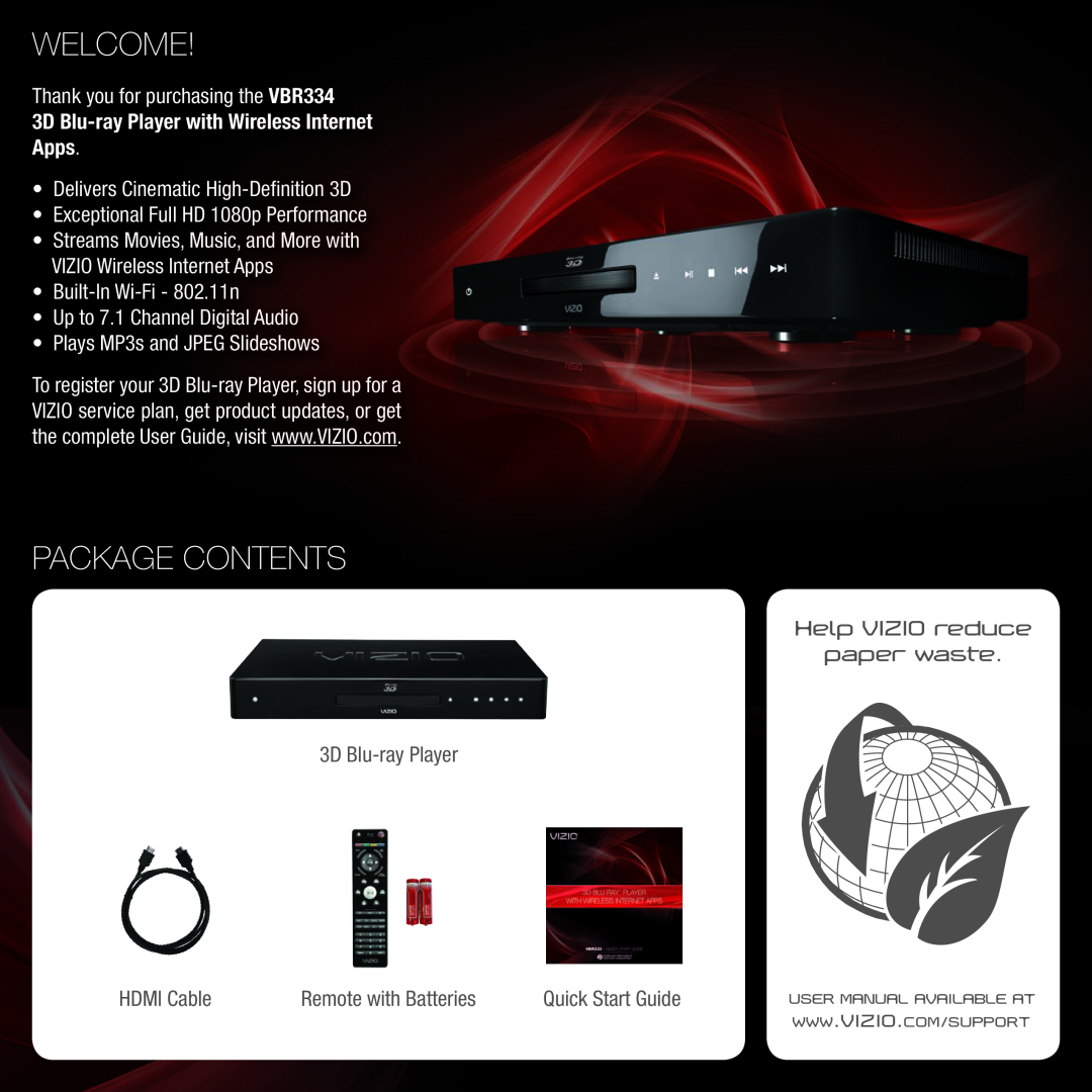 Vizio VBR334 quick start Welcome, Package Contents, Help VIZIO reduce paper waste, 3D Blu-ray Player, HDMI Cable 
