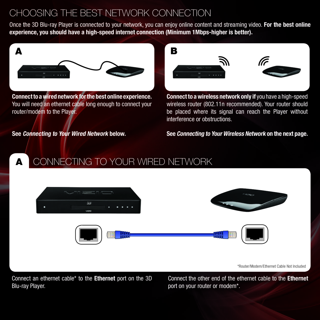 Vizio VBR334 quick start Choosing The Best Network Connection, A Connecting To Your Wired Network 