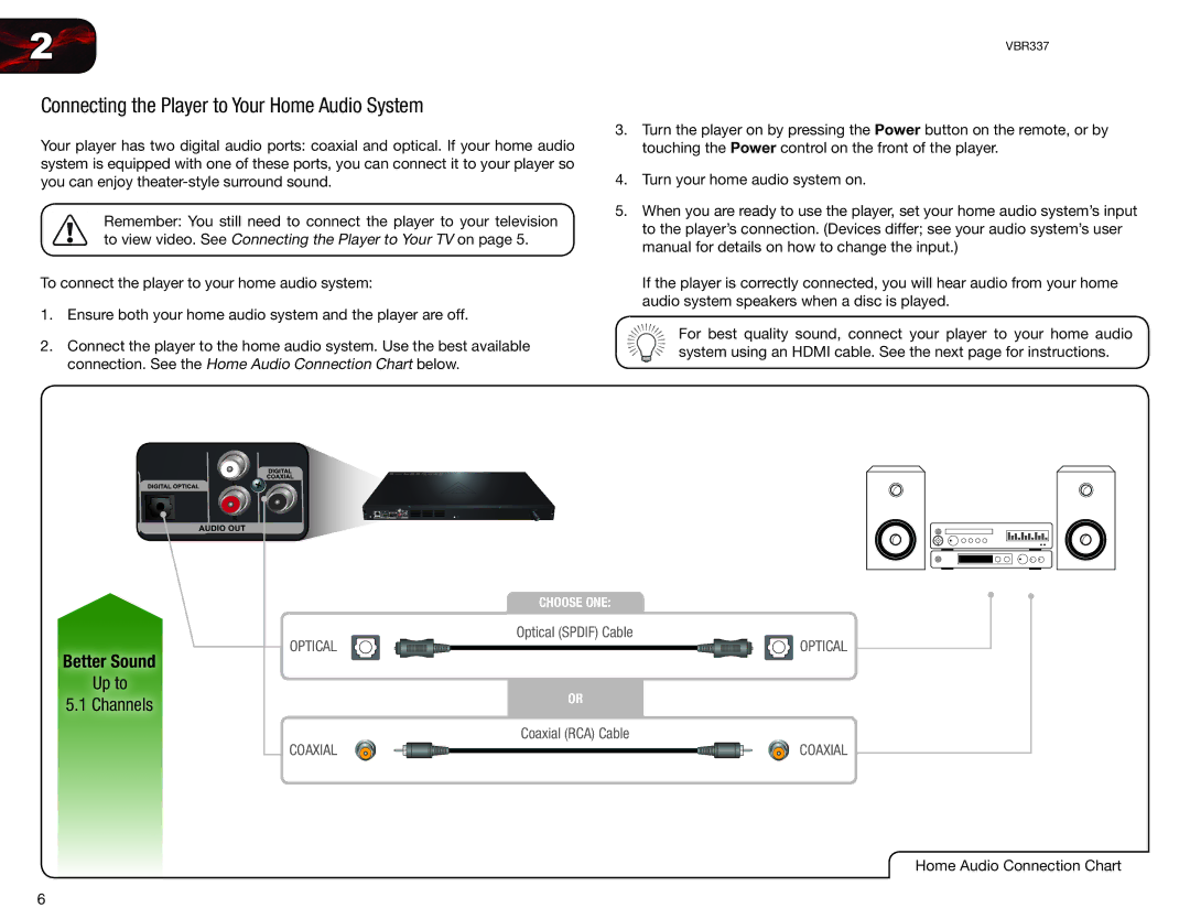 Vizio VBR337 user manual Connecting the Player to Your Home Audio System, Better Sound Up to Channels 