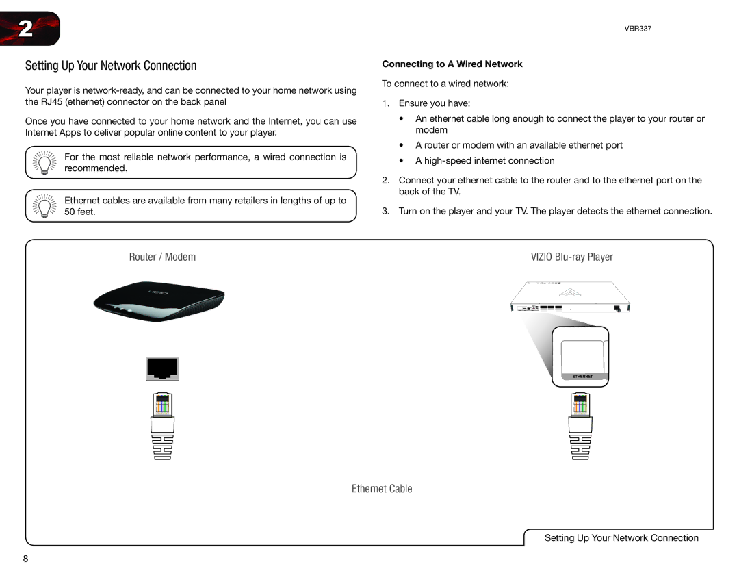 Vizio VBR337 user manual Setting Up Your Network Connection, Connecting to a Wired Network 