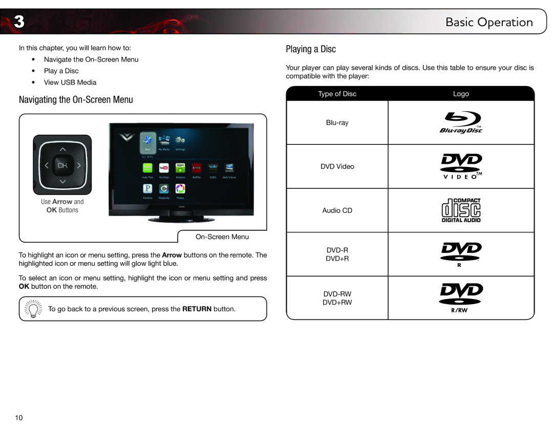 Vizio VBR337 user manual Navigating the On-Screen Menu, Playing a Disc 