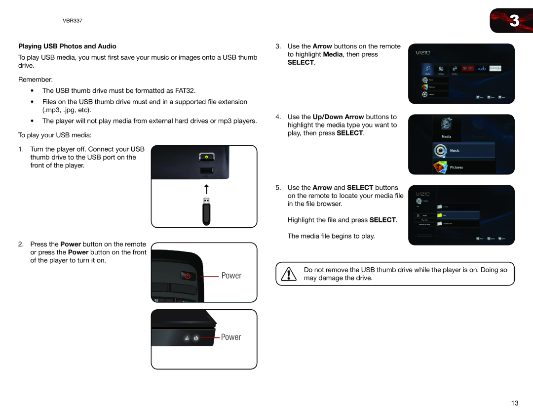 Vizio VBR337 user manual Power, Playing USB Photos and Audio 