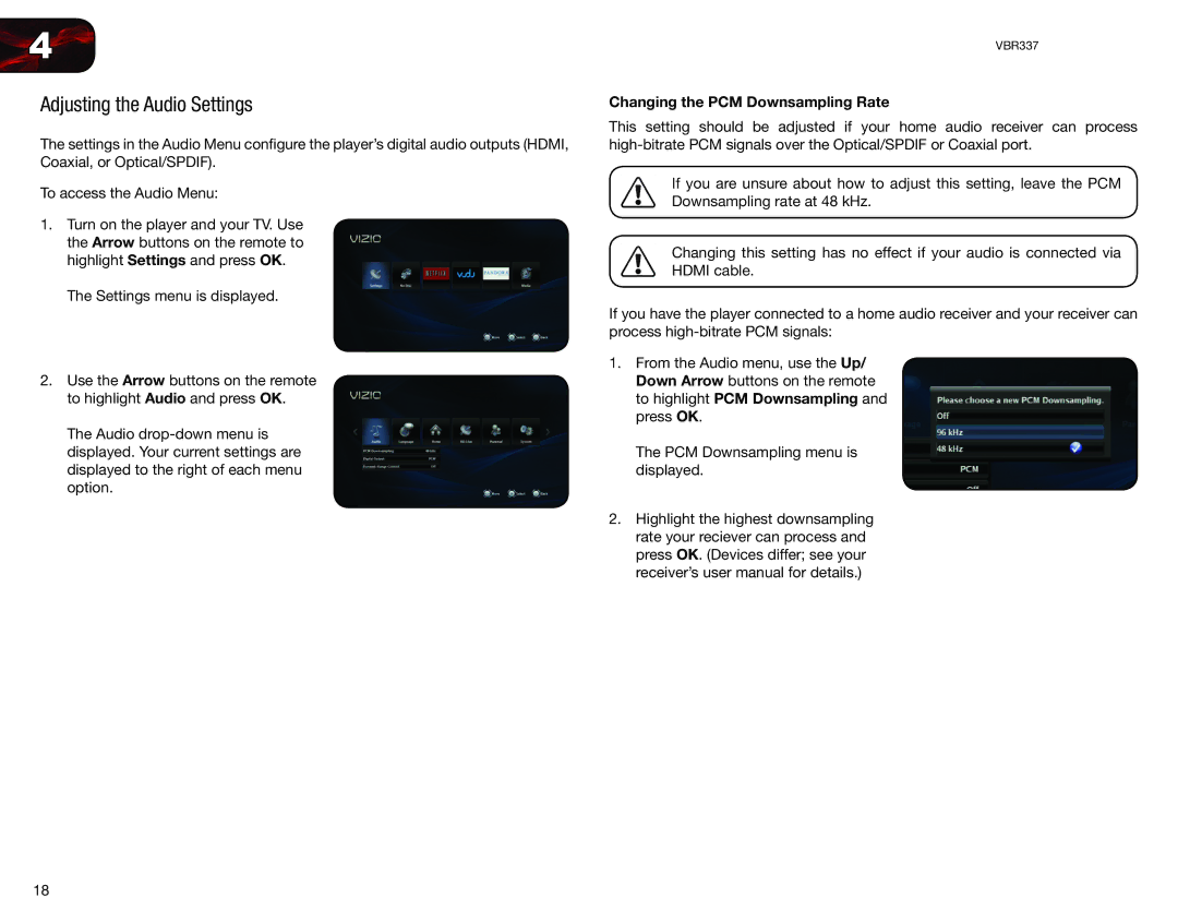 Vizio VBR337 user manual Adjusting the Audio Settings, Changing the PCM Downsampling Rate 