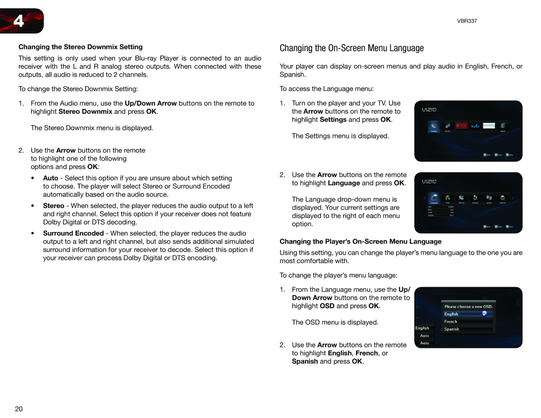 Vizio VBR337 user manual Changing the On-Screen Menu Language, Changing the Stereo Downmix Setting 