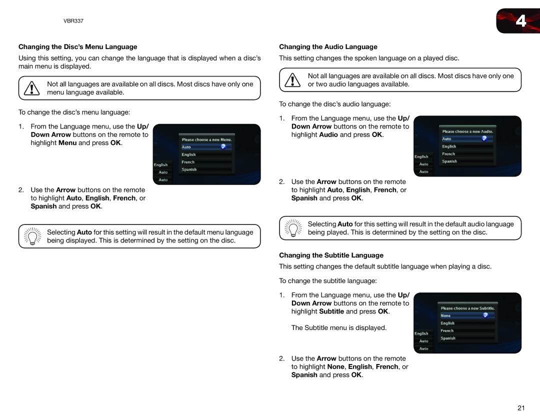 Vizio VBR337 user manual Changing the Disc’s Menu Language, Changing the Audio Language, Changing the Subtitle Language 